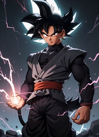 centered, solo, man, upper body, standing, | aura, electricity, Goku_Black, 1boy, male focus, super saiyan, tail, wristband, pants, black hair,  (looking at viewer), 