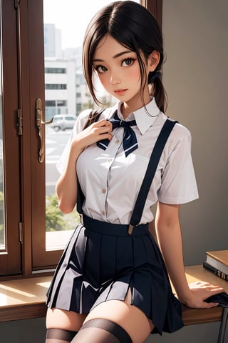    eva school unifrom, 1girl, solo, tokyo-3 middle school uniform,  shirt, short sleeves, suspender skirt, neck ribbon,, ultra detailed, masterpiece, best quality,
