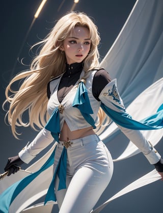 Ultra Detailed, 50mm, official art, unity 8k wallpaper, ultra detailed, aesthetic, masterpiece, best quality, photorealistic,1girl, , luocha, blonde hair, long hair,  white coat, black shirt, white pants, blue ascot, blue armband, blue vest, narrow waist, dynamic pose, dynamic angle, 