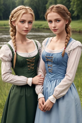 wetshirts, two young peasant women wearing traditional dirndl dresses, Elsa and Anna, updo, riverbank, Wetshirt, close-up, 2girls
