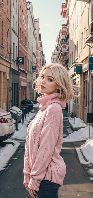 beautifull woman in a pink Winter Sweaters Oversized Turtleneck Long Sleeve with white hair in the air,