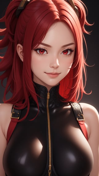 (masterpiece, best quality), intricate details, mature female, red hair, red eyes, sharp jawline, bodysuit, messy hair, upper body, large breasts, close up, smirk
