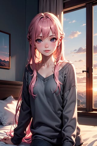 (masterpiece, best quality, unity 8k wallpaper, highres), ambient light, (super_beautiful_detailed hair face eyes mouth skin, slender:1.4), (perfect hands, perfect anatomy), BREAK
 1girl, solo, (pink long hair:1.3), vely-long-sagging small-breasts, horizon, sweater, cloud, cloudy sky, evening, mountain, mountainous horizon, sky, sunset, window, in bedroom, on bed, (cowboy shot:1.3), light smile, looking at viewer, blink, sitting