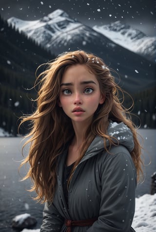 young woman, heavy snowfall, large snow flakes, (art by Nan Goldin :1.2) ,  dark sky, sad, melancholy atmosphere, messy long hair, wind, cinematic angle,  mountain top, (floating hair:1.3), frozen lake, depth of field, from back, masterpiece, best quality, highres, slate gray atmosphere, soft cinematic light, sharp focus, photolab, lightroom,  