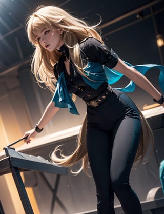 Ultra Detailed, 50mm, official art, unity 8k wallpaper, ultra detailed, aesthetic, masterpiece, best quality, photorealistic,1girl, , luocha, blonde hair, long hair,  black coat, black shirt, black pants, blue ascot, blue armband, blue vest, narrow waist, dynamic pose, dynamic angle, 