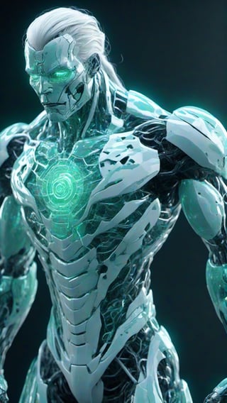 small squared-fire glass, (mecha man), glass uniform, front facing, fullbody, front side, subsurface scattering, volumetric light, (male:1.9), transparent, translucent skin, glow, bloom,3d style,cyborg style,Movie Still,3d, (full_body:1.9), wide_shot, on_one_foot,  mint green glow, braided_hair, white hair, 