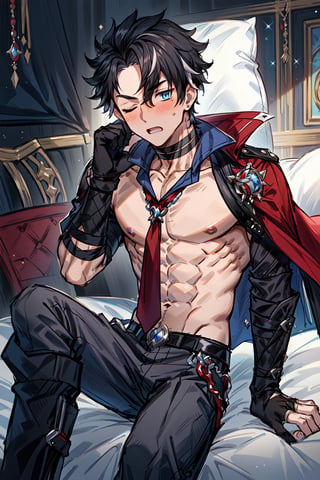 wriothesley, 1boy, black hair, multicolored hair, short hair, upper body naked, nude body, red necktie, jewelry, black gloves, choker, cape, black belt, he wears an unclosed black coat which shows his abs under, boots, grey trouser, boots, abs exposed, masterpiece, dslr, ultra quality, 8K UHD, best body anatomy, highly detailed eyes, blue eyes, highly detailed face, (handsome face:1.23), blushing face, detailed background, , Wriothesley, lying on his bed, leaning back, on the bed, both hands behind bead, eyes closed, open mouth, male climax, male bliss