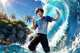 In the vibrant pool, a cool young man immerses himself in playful delight. Sporting a white t-shirt and trousers, he exudes a carefree aura while enjoying the refreshing waters. His face beams with happiness, showcasing the joy he finds in this moment of pure bliss.

As the water splashes against him, his white t-shirt becomes soaked, giving a glimpse of his slender chest beneath. The damp fabric clings to his body, accentuating his physique and adding an element of allure to the scene.

The photo captures the precise moment when a wave approaches, freezing the anticipation and excitement in time. The brilliant sunlight casts its golden rays, bathing him in a radiant glow, highlighting his youthful energy and creating a captivating visual contrast.

This photo encapsulates the essence of carefree fun and youthful exuberance. The combination of the wet t-shirt, the approaching wave, and the radiant sunlight evokes a sense of freedom and invigoration. It invites the viewer to embrace the joy of playfulness and the beauty of embracing the elements.1boy, male, about 23 years old, young, solo, alone, two arms, two hands, normal hands and arms, two legs, normal anatomy, best body anatomy, normal, 8k poster, best quality, best composition, midjourney, better hands and fingers, separated fingers, better feet, separated feet, emotionless, full image, full background, detailed bronze skin ,perfect eyes, FFIXBG, midjourney style portrait, midjourney, Sketch, Anime, hand-drawn style, hand sketch, depth of field, softer body line,Itadori, best body composition, full body image, leg crossed, emotionless, holding a coffee, normal hands, normal numbers of fingers,midjourney portrait
