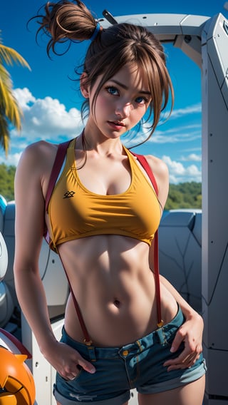 "Generate an realistic image of Misty from the popular anime series 'Pokemon', Misty stands with Savage, her brown hair flowing, and his bright red eyes winked. The scene is set against a backdrop of a lush, navel,Misty_Pokemon