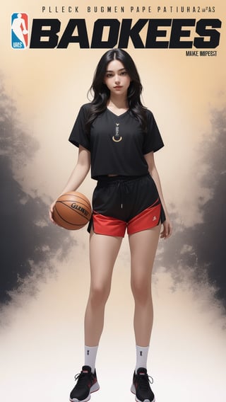 Against a warm, golden background, a stunning young woman with long black hair and confident gaze proudly holds a basketball in one hand. She wears a sleek black top, bold red shorts, and matching socks that add a pop of color to her overall look. Her bright red sneakers seem to radiate energy and enthusiasm. The ultra-realistic paper art masterpiece captures the subject's beauty and youthful spirit with meticulous detail, as if plucked straight from a basketball magazine cover or poster.,magazine cover