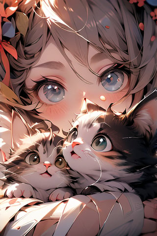 A tender masterpiece of maternal devotion: A 1-year-old baby girl cradles a curious cat in her arms, their faces inches apart as they gaze into each other's eyes. Soft, warm lighting bathes the scene, with PIXIV's signature best quality rendering every whisker and eyelash. The midjourney processing amplifies the textures, making the cat's fur and baby's soft skin almost palpable. The composition is minimalist yet poignant, framing the intimate moment in a shallow depth of field.