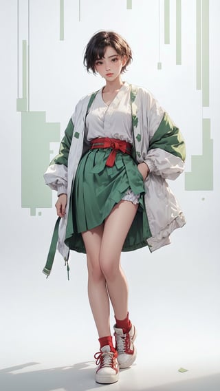 (masterpiece, realistic paper art), 1girl, solo, black short hair, (((white oversized jacket))), (((green skirt))), (((red waist obi belt))), (((red socks))), (((sneakers))), Confidence and pride,1 girl ,beauty,Young beauty spirit, realistic, ultra detailed, photo shoot,white_background