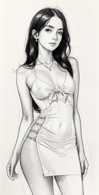 Pencil sketch, a pencil sketch drawing of cute female, summer outfit, Art, black and white sketch, on white art paper, realistic sketch, ultra real sketch, pencil stroke sketch, pencil stroke shadow, perfect real light on paper, xyzsanart01,iinksketch,monochrome, upper_body,Outline,sketch,drawing,wldck,edgSDress,wearing edgSDress