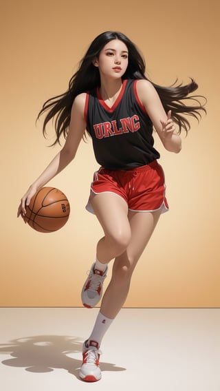 Against a warm, golden background, a stunning young woman with long black hair and confident gaze proudly holds a basketball in one hand. She wears a sleek black top, bold red shorts, and matching socks that add a pop of color to her overall look. Her bright red sneakers seem to radiate energy and enthusiasm. The ultra-realistic paper art masterpiece captures the subject's beauty and youthful spirit with meticulous detail, as if plucked straight from a basketball magazine cover or poster.