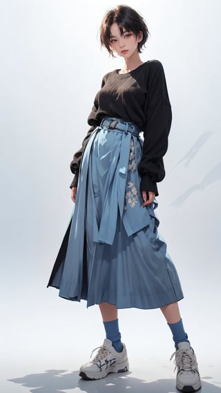 (masterpiece, realistic paper art), 1girl, solo, black short hair, (((black oversized sweater))), (((blue long skirt))), (((blue waist obi belt))), blue socks, sneakers, Confidence and pride,1 girl ,beauty,Young beauty spirit, realistic, ultra detailed, photo shoot, chromatic_background
