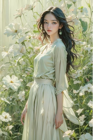 extreme detailed, (masterpiece), (top quality), (best quality), (official art), (beautiful and aesthetic:1.2), (stylish pose), (1 woman), (colorful), (green-white theme: 1.5), ppcp, medium length skirt, 	looking into distance, long wavy black hair,
perfect,ChineseWatercolor Painting,Chromaspots