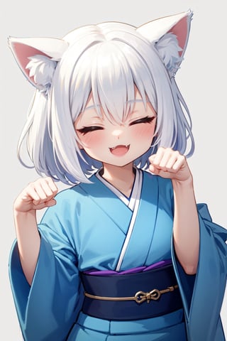 (masterpiece), (best quality), ((ultra-detailed)), HDR, (absudres), high quality, looking at viewer, vignette, 

1girl, cat ears, paw pose, open mouth, :3, closed eyes, smile, simple background, white hair, blue kimono