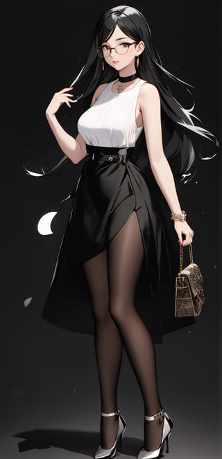 1girl, solo, long hair, breasts, looking at viewer, large breasts, black hair, dress, holding, bare shoulders, jewelry, standing, full body, pantyhose, earrings, glasses, sleeveless, choker, bag, white dress, high heels, black pantyhose, sleeveless dress, standing on one leg, handbag