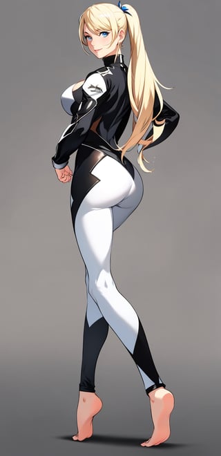 1girl, solo, blonde hair, smile, simple background, white background, blue eyes, standing, full body, bodysuit, leggings, ponytail, ass, barefoot, looking back, feet, hand on hip, back, realistic,simple_background 