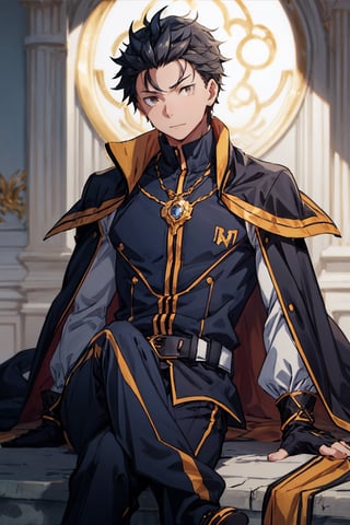 1boy, male focus, mature, male focus, 18 years old, solo, dark blue hair,blonde eyes,bang,tight clothes, gentle, soft,cape, military cape,closed mouth,ahoge, sleeves, sleeves shirt, gloves,detached sleeves,gold trim,  suit, brown and black jacket,swept bangs,black gloves, best quality, anime, better quality, normal hands, normal fingers, better fingers, perfect hands,normal arms, two arms,jewelry,detail fingers,emotionless,anime_coloring, trousers,subaru_natsuki,black hair,legs crossed,head in half the shadow,shaded,