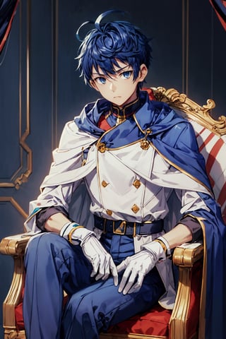 1boy, male focus, mature, male focus, 27 years old, solo, blue hair,aqua eyes,bang,tight clothes, gentle, soft,cape, military cape,closed mouth,ahoge, sleeves, sleeves shirt, gloves,detached sleeves,gold trim, dark blue suit, black and white jacket,swept bangs,black gloves, best quality, anime, better quality, normal hands, normal fingers, better fingers, perfect hands,normal arms, two arms,jewelry,detail fingers,emotionless,anime_coloring, trousers,seated,legs crossed,chlain_zagan_analeit, 