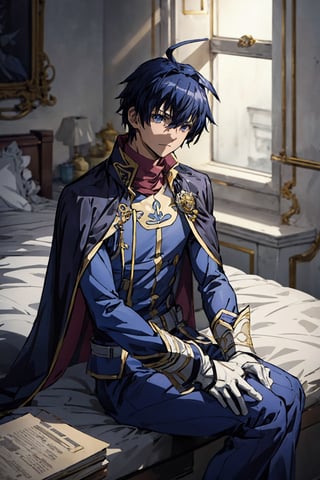 1boy, male focus, mature, male focus, 27 years old, solo, blue hair,aqua eyes,bang,tight clothes, gentle, soft,cape, military cape,closed mouth,ahoge, sleeves, sleeves shirt, gloves,detached sleeves,gold trim, dark blue and white suit, black and white jacket,swept bangs,black gloves, best quality, anime, better quality, normal hands, normal fingers, better fingers, perfect hands,normal arms, two arms,jewelry,detail fingers,emotionless,anime_coloring, trousers,seated,legs crossed,wave,shaded