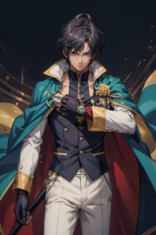 1boy, male focus, mature, male focus, 27 years old, solo, dark hair,aqua eyes,bang,tight clothes, gentle, soft,cape, military cape,closed mouth,ahoge, sleeves, sleeves shirt, gloves,detached sleeves,gold trim,black suit, dark blue and white jacket,swept bangs,black gloves, best quality, anime, better quality, normal hands, normal fingers, better fingers, perfect hands,normal arms, two arms,jewelry,detail fingers,emotionless,anime_coloring, trousersLifang