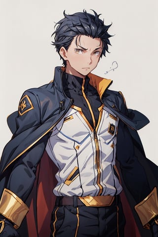1boy, male focus, mature, male focus, 27 years old, solo, dark blue hair,blonde eyes,bang,tight clothes, gentle, soft,cape, military cape,closed mouth,ahoge, sleeves, sleeves shirt, gloves,detached sleeves,gold trim,  suit, brown and black jacket,swept bangs,black gloves, best quality, anime, better quality, normal hands, normal fingers, better fingers, perfect hands,normal arms, two arms,jewelry,detail fingers,emotionless,anime_coloring, trousers,subaru_natsuki
