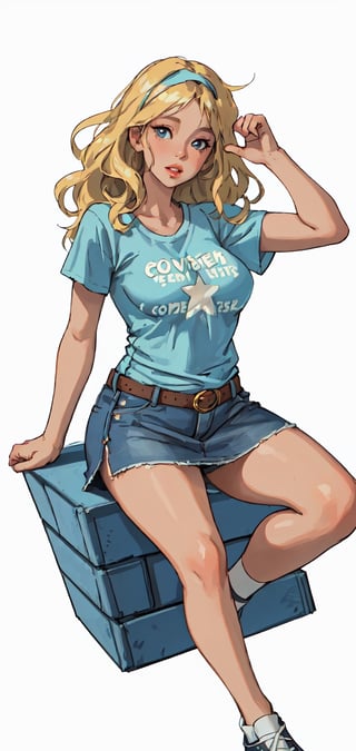 Detailed Portrait of woman with blonde wavy hair and hair band wearing white and light blue t-shirt and denim skirt and converse,body pose,plump lips,white background,full body
