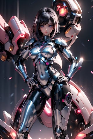(put hands on hips:1.9),(smile:1.4),pink nipple,venusbody, ( Round breasts:1.6),  (blue eyes:1.5),,more machine body,(Ultra-shiny silver cyborg body covering the whole body:1.9), (Ultra-shiny silver Cyborg cover to protect arms and legs:1.8),more fine detail, (bob cut:1.2),  (powerful light on the chest and face:1.3),  Young Sensual Gravure Idol,  teats,  (middle tit:1.6),  cyberpunked,  Golden ratio body,  face perfect,  a Pretty face,  The face of a young actress in Japan,  (black hair:1.6),  Tied waist, perfect foot,  perfect hand,  Clean facial skin,  perfect fingers,  bob cut,  Smiled face,  A futuristic,  depth of fields,  reflective light,  retinas,  awardwinning,  ultra hight resolution,  Lights are shining all over the body,  High detailed,  parted lips,  mecha,  asian girl,  1girl,  solo,  beauty face,  perfect face,more  mecha, reflection light,  8K,  Anatomically correct,  Textured skin,  high details,  High quality, Pink lights on the chest, red lighting at the navel area, blue lights on the front sides, green lights on the knees,1 girl,sexy fighting cyborg girl,High detailed ,Color magic,Saturated colors,Color saturation ,Nice legs and hot body,l4tex4rmor