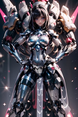 (put hands on hips:1.9),(smile:1.4),pink nipple,venusbody, ( Round breasts:1.6),  (blue eyes:1.5),,more machine body,(Ultra-shiny silver cyborg body covering the whole body:1.9), (Ultra-shiny silver Cyborg cover to protect arms and legs:1.8),more fine detail, (bob cut:1.2),  (powerful light on the chest and face:1.3),  Young Sensual Gravure Idol,  teats,  (middle tit:1.6),  cyberpunked,  Golden ratio body,  face perfect,  a Pretty face,  The face of a young actress in Japan,  (black hair:1.6),  Tied waist, perfect foot,  perfect hand,  Clean facial skin,  perfect fingers,  bob cut,  Smiled face,  A futuristic,  depth of fields,  reflective light,  retinas,  awardwinning,  ultra hight resolution,  Lights are shining all over the body,  High detailed,  parted lips,  mecha,  asian girl,  1girl,  solo,  beauty face,  perfect face,more  mecha, reflection light,  8K,  Anatomically correct,  Textured skin,  high details,  High quality, Pink lights on the chest, red lighting at the navel area, blue lights on the front sides, green lights on the knees,1 girl,sexy fighting cyborg girl,High detailed ,Color magic,Saturated colors,Color saturation ,Nice legs and hot body,l4tex4rmor