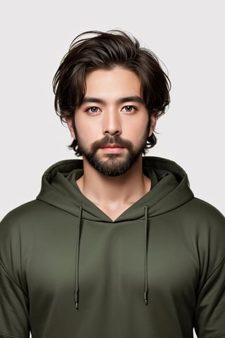 muscular bearded guy, basic olive colour hoodie, medium shot, green eyes, short green hair, professional photoshoot, symmetrical, full white background, 8k resolution, photorealistic masterpiece, professional photography, natural lighting, maximalist, 8k resolution, concept art, intricately detailed, complex, maximum details
