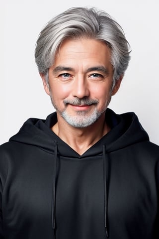 1 muscular bearded old guy,  basic black colour hoodie,  medium shot,  blue eyes,  short white hair,  shy smile, professional photoshoot,  symmetrical,  full white background,  8k resolution,  photorealistic masterpiece,  professional photography,  natural lighting,  maximalist,  8k resolution,  concept art,  intricately detailed,  complex,  maximum details
