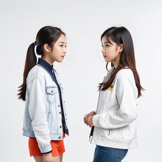 2 asian teenage girls having a conversation, professional photo shoot,  symmetrical,  white background,  8k resolution,  photorealistic masterpiece,  professional photography,  natural lighting,  maximalist,  8k resolution,  concept art,  intricately detailed,  complex,  maximum details