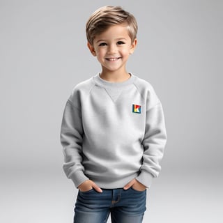 1 kid,  grey basic crewneck,  full body  shot,  short hair,  shy smile,  professional photo shoot,  symmetrical,  full white background,  8k resolution,  photorealistic masterpiece,  professional photography,  natural lighting,  maximalist,  8k resolution,  concept art,  intricately detailed,  complex,  maximum details
