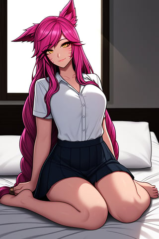 League of legends Ahri, pink hair, fox ear, long hair,
Bed room, old color photo, sit on bed, white shirt, layer skirt, straight view, romantic, cozy, chill, long hair, braid, sun light, window, light beam, ambient light,BWcomic