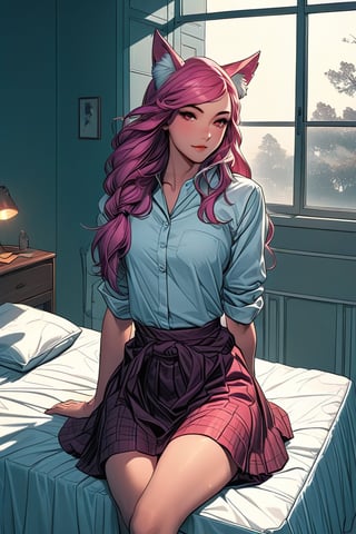 League of legends Ahri, pink hair, fox ear, long hair,
Bed room, old color photo, sit on bed, white shirt, layer skirt, straight view, romantic, cozy, chill, long hair, braid, sun light, window, light beam, ambient light,BWcomic