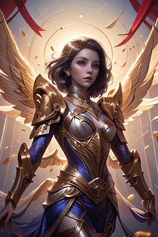 female angel, pretty body, silk armor, silk floating, wings, divine, royal armor, surreal, hair floating, armor