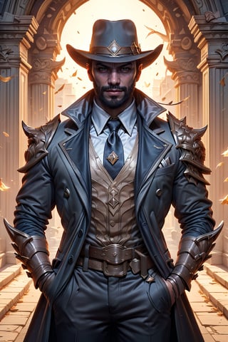 (masterpiece), (ultra detail), (intricate armor), league of legends, Twisted Fate, cowboy hat, trickster smile, manly, thin face, (long black coat:1.2), (elegant suit), posing on the night casino city background, bwcomic