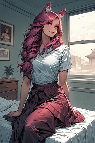 (Masterpiece), (best wallpaper), uhd, ultra detail, hyper realistic, 2D painting.
League of legends Ahri, pink hair, fox ear, long hair,
Bed room, old color photo, sit on bed, white shirt, layer skirt, straight view, romantic, cozy, chill, long hair, braid, sun light, window, light beam, ambient light,BWcomic