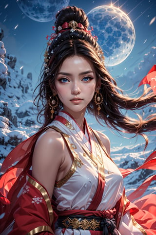 The background is midnight sky,big blue moon,dark night,snow blowing,16 yo, 1 girl,sword,halo,shining bracelet,beautiful hanfu(white, transparent),cape, cloth blowing in wind, solo, {beautiful and detailed eyes}, calm expression, natural and soft light, delicate facial features, cute japanese idol, very small earrings, ((model pose)), Glamor body type, (dark hair:1.2),  beehive,big bun,very_long_hair, hair past hip, curly hair, flim grain, realhands, masterpiece, Best Quality, photorealistic, ultra-detailed, finely detailed, high resolution, perfect dynamic composition, beautiful detailed eyes, eye smile, ((nervous and embarrassed)), sharp-focus, full_body, sexy pose,cowboy_shot,ruanyi0060,yae_miko(genshin impact),Caligraphy