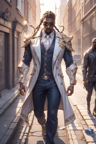 (photo realistic), Lucian, armor, royal long coat, dual pistol, walking on the dark old street of London, poker face, strong manm hiphop male braid hair, (snoop dog rapper)