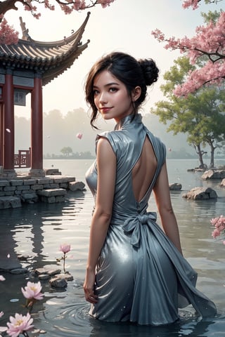 A young teen girl, fashionable dress, shimmering, fairy tail, view from behind, (she is looking back:1.2), (light smile:1.2), she is on the lake of the ancient chinese temple, rocks, blossom particles floating, reflective water, fantasy art.,CTCTL,BWcomic