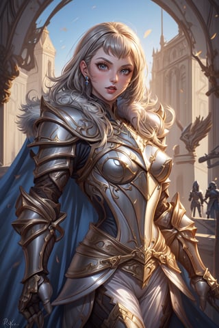 1 girl, (female genaral), epic posing on the top of the buildding balcony stage, straight view, fur trim, cape, gray iron wall. (royal armor:1.4)