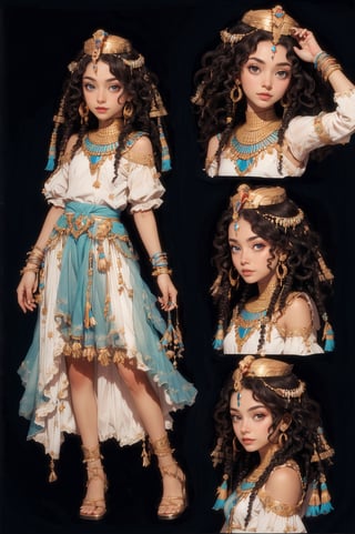 Merit,  beautiful little girl, 6years old,egyption ' ankh  full body   with  curly hair , hazel eyes , character shet 😯  more sheets of the character pose from behind  full body 5 poses 