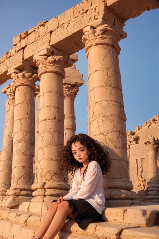 Merit,  beautiful little girl, 9years curly hair hazel eyes Merit plays in Abu Simbel Temple amidst the columns made of gold