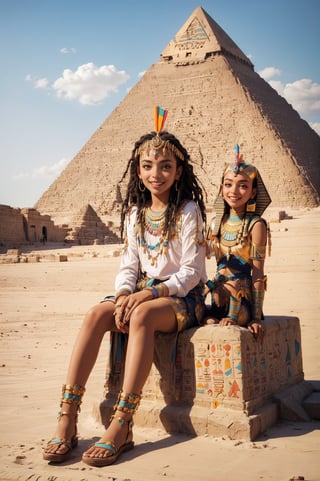 Merit,  beautiful little girl, 9years old,egyption ' ankh  full body   with  happy face smiling😯  sitting on t front of pyramid 