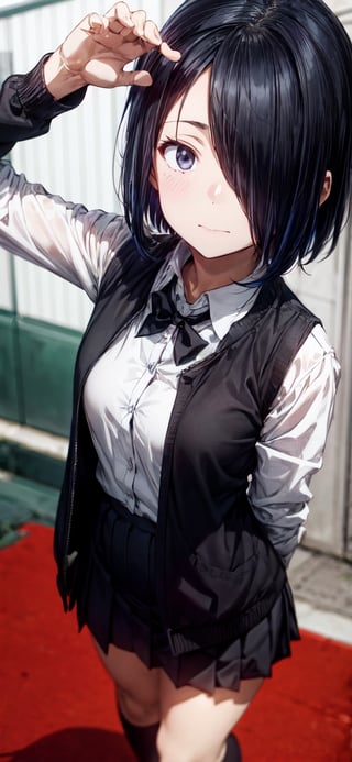 yuu ishigami, black hair, blue hair, female focus, (hair over one eye:1.5), long hair, (black eyes:1.3), schoolgirl uniform, white shirt, open clothes, black jacket, school background, full body, standing up, (masterpiece, best quality), young girl, View from the front, dynamic angle, standing, serious, perfect hand with proper finger, BetterHands