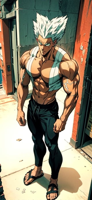 garou, ((garou, aqua eyes, short hair, white hair, spiked hair, huge muscles, leggings, white sandal, feet)), full body, standing up, 


(masterpiece, best quality), Athletically built young man with a penetrating gaze, framing intense, blue eyes, View from the front, dynamic angle, standing, serious, perfect hand with proper finger, BetterHands:1.2, Better_Hands ,garou