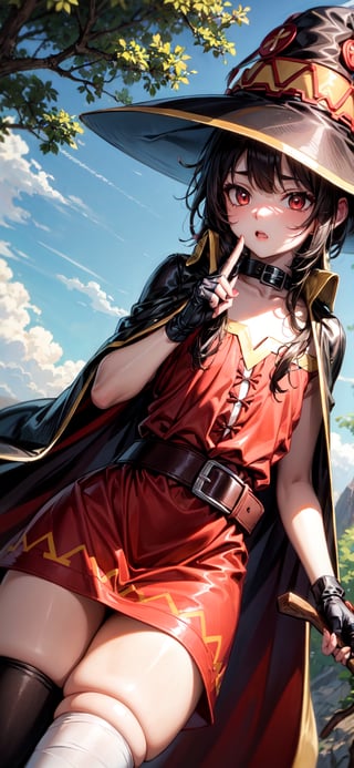 Megu-KJ, Megu hat, megu dress, megu cape, belt, collar, gloves, asymmetrical legwear, thighhighs, bandage leg, Staff , holding staff, nature background, 


(masterpiece, best quality), young man, View from the front, dynamic angle, standing,  perfect hand with proper finger, BetterHands, megumin